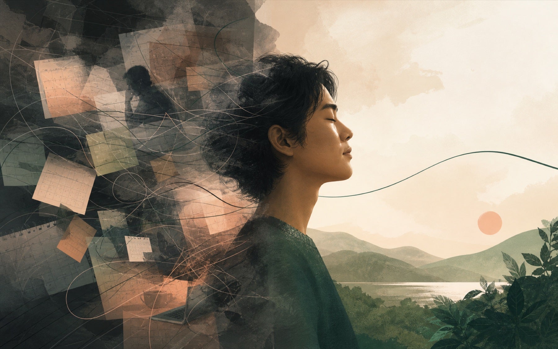 An editorial illustration contrasting mental chatter with a quieter, more spacious mind
