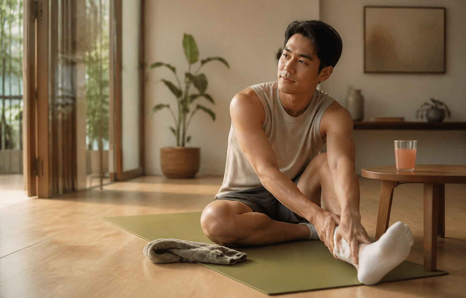 A man gently stretching at home after an evening workout with a guava-colored drink nearby
